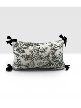 Elegant Velvet Green Bow Ties Floral Toile Lumbar Pillow 14x24” Laura Ashley